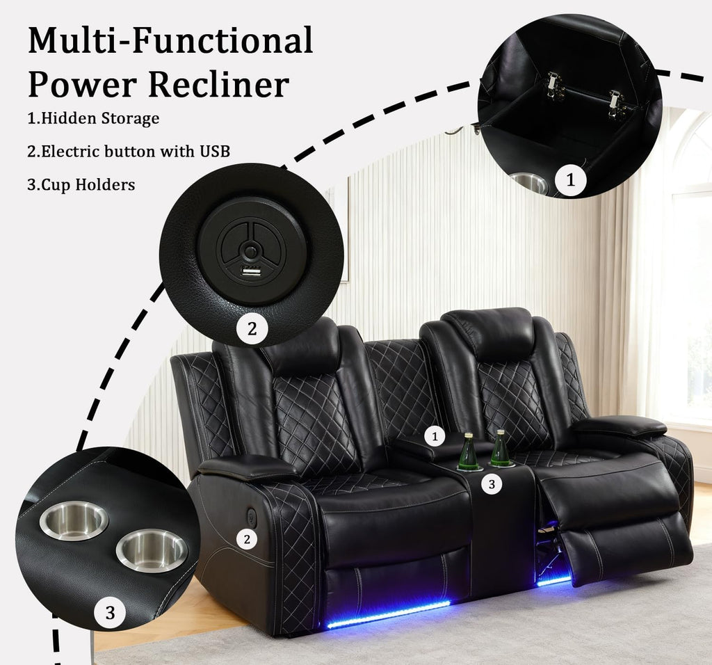 Power Leather Recliner Sectional Sofa Set with LED Lights,L Shaped Reclining Sectional Couch and Loveseat,Leather Sofa Set with Coffee Table/Storage for Living Room(Black,8 Seater)