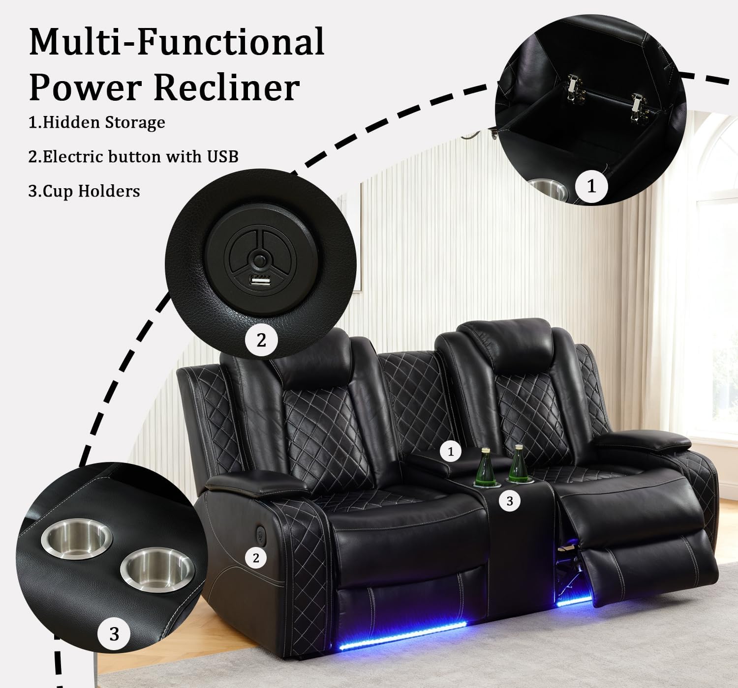 Power Leather Recliner Sectional Sofa Set with LED Lights,L Shaped Reclining Sectional Couch and Loveseat,Leather Sofa Set with Coffee Table/Storage for Living Room(Black,8 Seater)