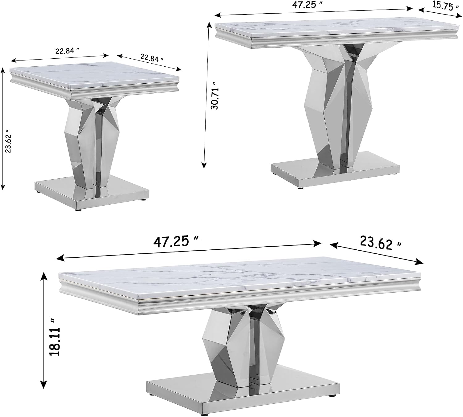 3 Pieces Living Room Table Set, Faux Marble Coffee Table Set of 3, Modern Coffee Table, Console Table and End Table with Y-Shaped Stainless Steel Base for Living Room (White Silver)