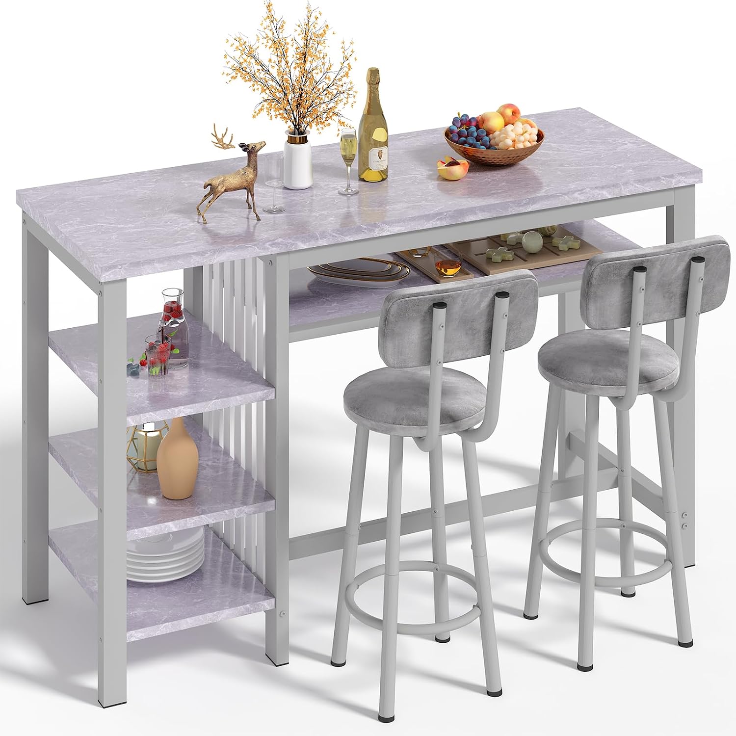 AWQM 3-Piece Bar Table and Chairs Set, Modern Glay Table with 2 PU Cushion Bar Stools, Kitchen Counter with 3 Tier Storage Shelves, Space Saving Table for Home & Kitchen, Black Frame