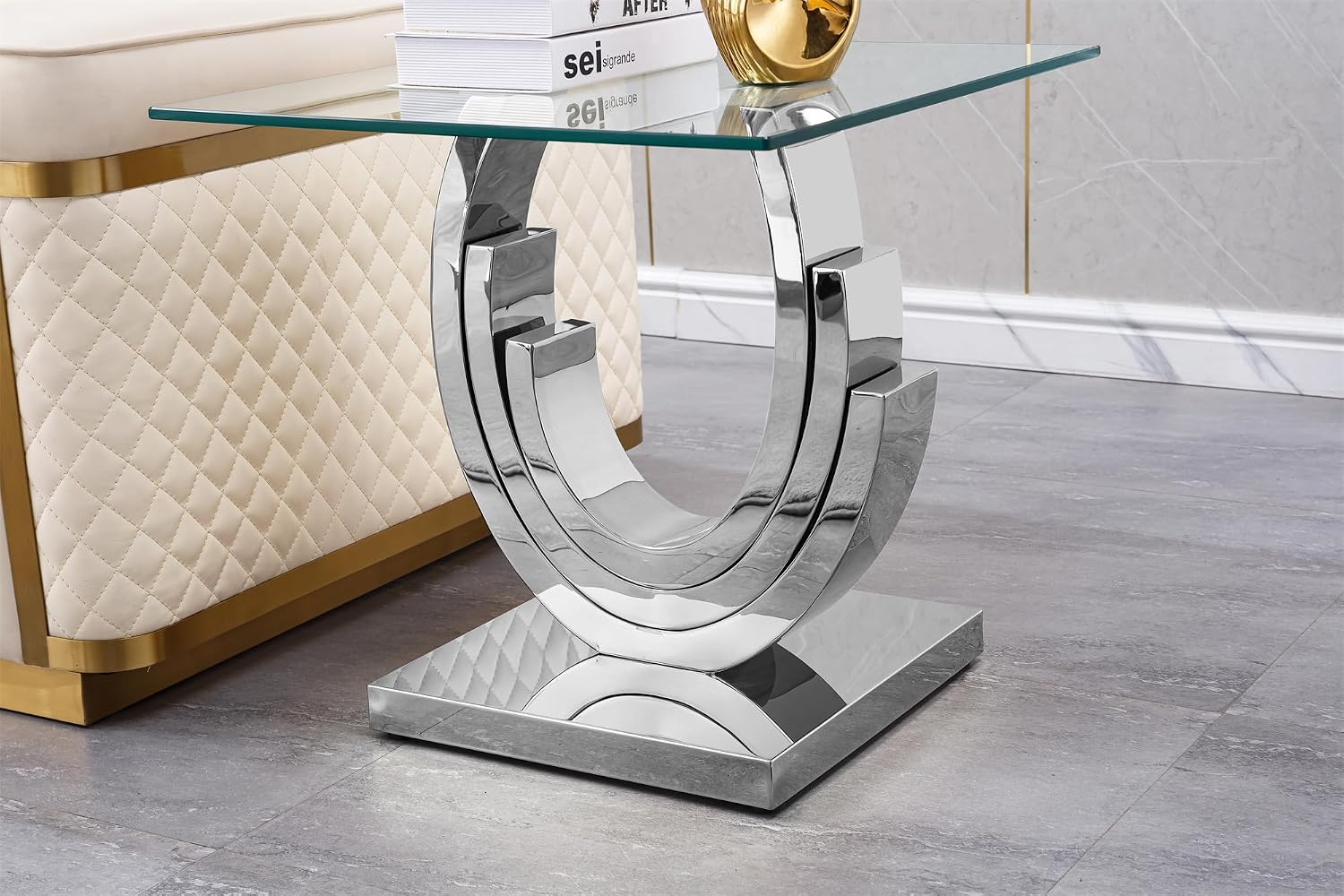 SSLine Modern 3 Piece Living Room Table Set, Include 1 Coffee Table and 2 End Tables, Luxury Silver Glass Coffee End Table Set with Ring-Shape Stainless Steel Base