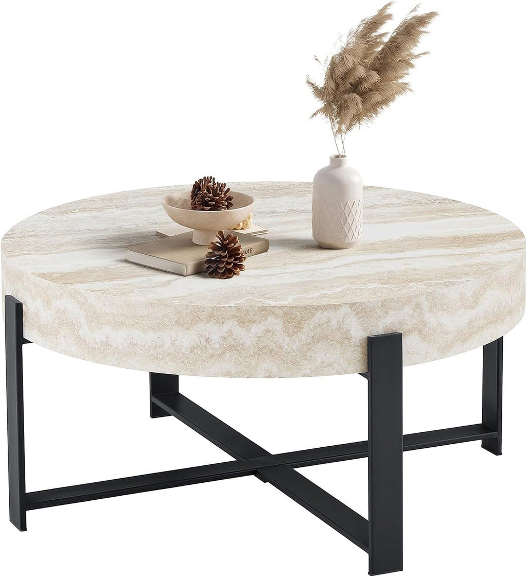 Round Coffee Table, Small Wood Coffee Table with Storage, Modern Wood Circle Table with Metal Frame, Round Accent Center Tables for Living Room Apartment Small Space