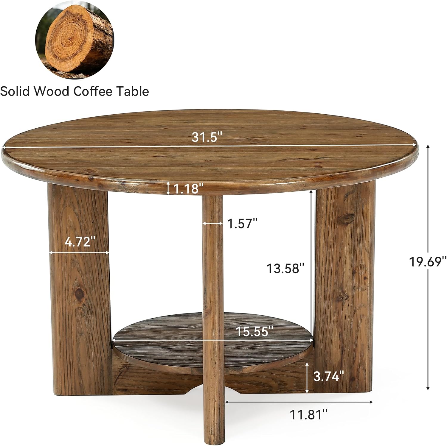 Tribesigns Round Solid Wood Coffee Table, Circle Coffee Table with 2-Tier Storage, Small Farmhouse Center Table for Living Room, Rustic Brown