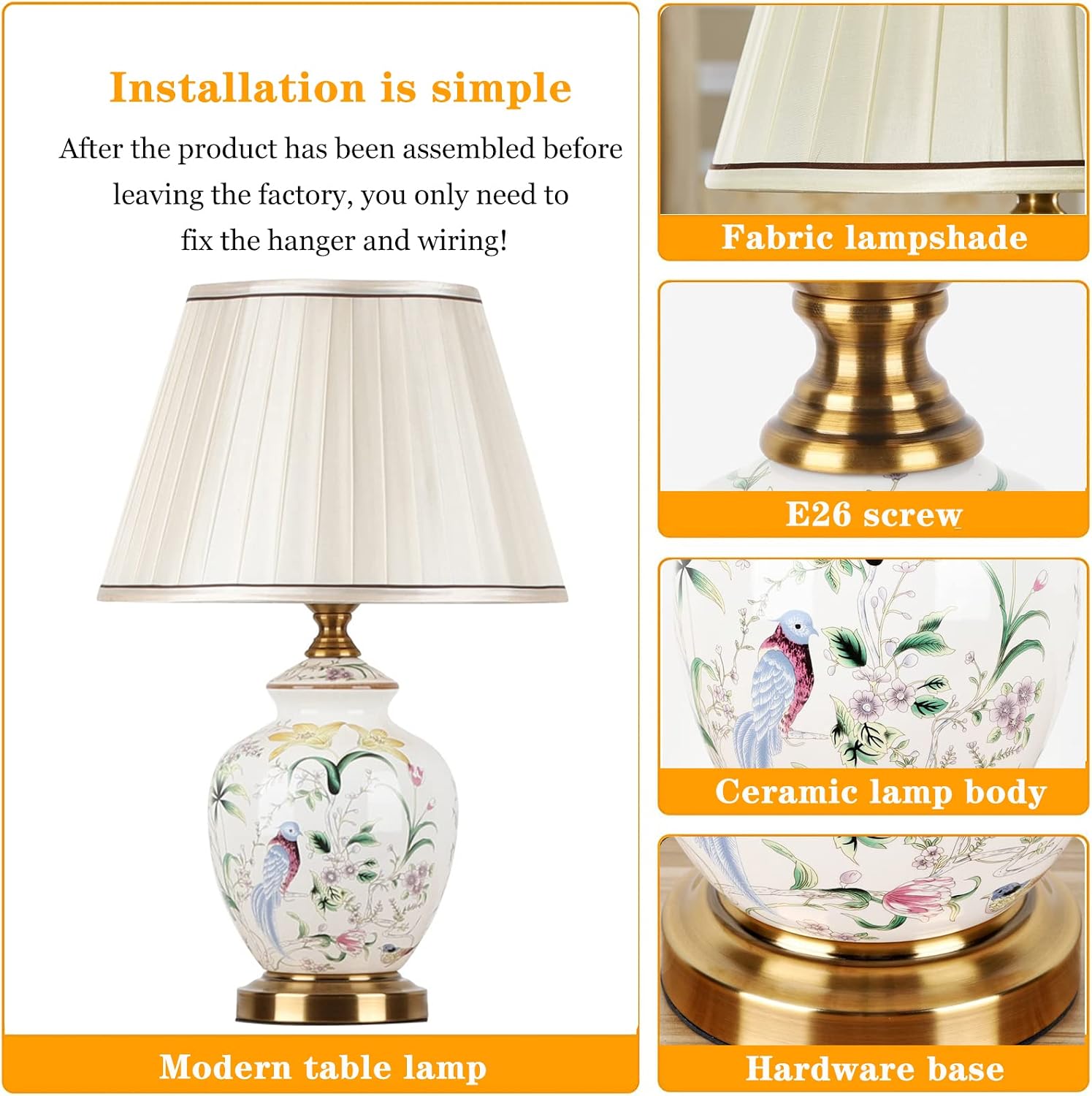 Chinoiserie Ceramic Table Lamp, American Flower&Bird LED Bedside Lamp, Classic White Fabric Lampshade Desk Nightstand Lamp for Bedroom Living Room Office College Bookcase