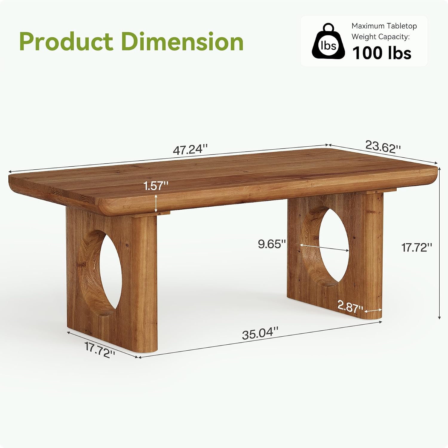 LITTLE TREE Solid Wood Coffee Table, Modern Farmhouse Coffee Table with Thick Tabletop, Rectangle Center Table for Living Room, Home Office, Bedroom, Brown