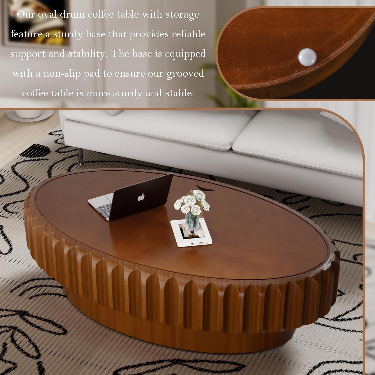 Chic Drum Coffee Table with Storage 43.3' Rustic Oval Center Table - Solid Wood Fluted Veneer Easy Assemble for Living Room Apartment (D 43.3in)