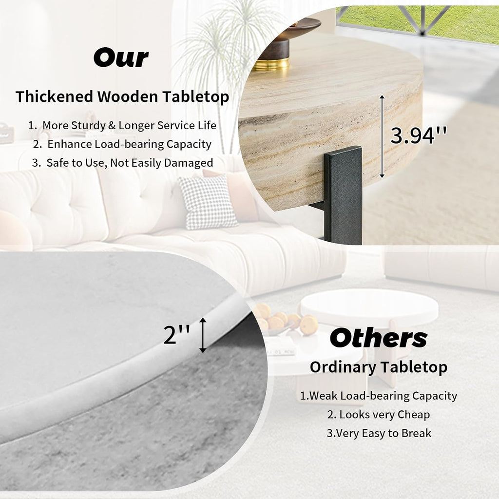Round Coffee Table, Small Wood Coffee Table with Storage, Modern Wood Circle Table with Metal Frame, Round Accent Center Tables for Living Room Apartment Small Space