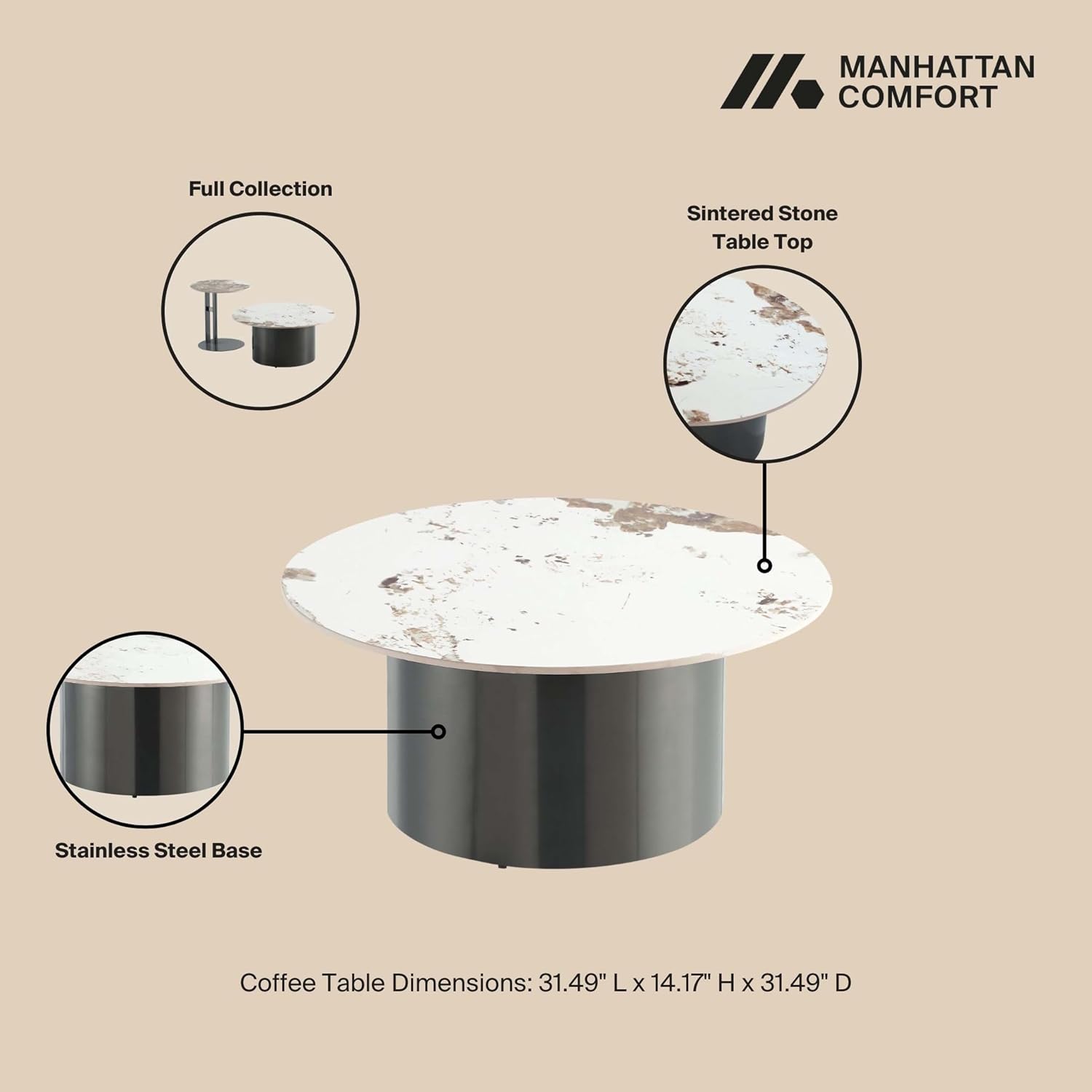 Manhattan Comfort Alondra 2 Piece Set, Round End and Coffee Tables with Sintered Stone Top & Stainless Steel Base, Elegant Design for Modern Living Room, Full Collection, Black