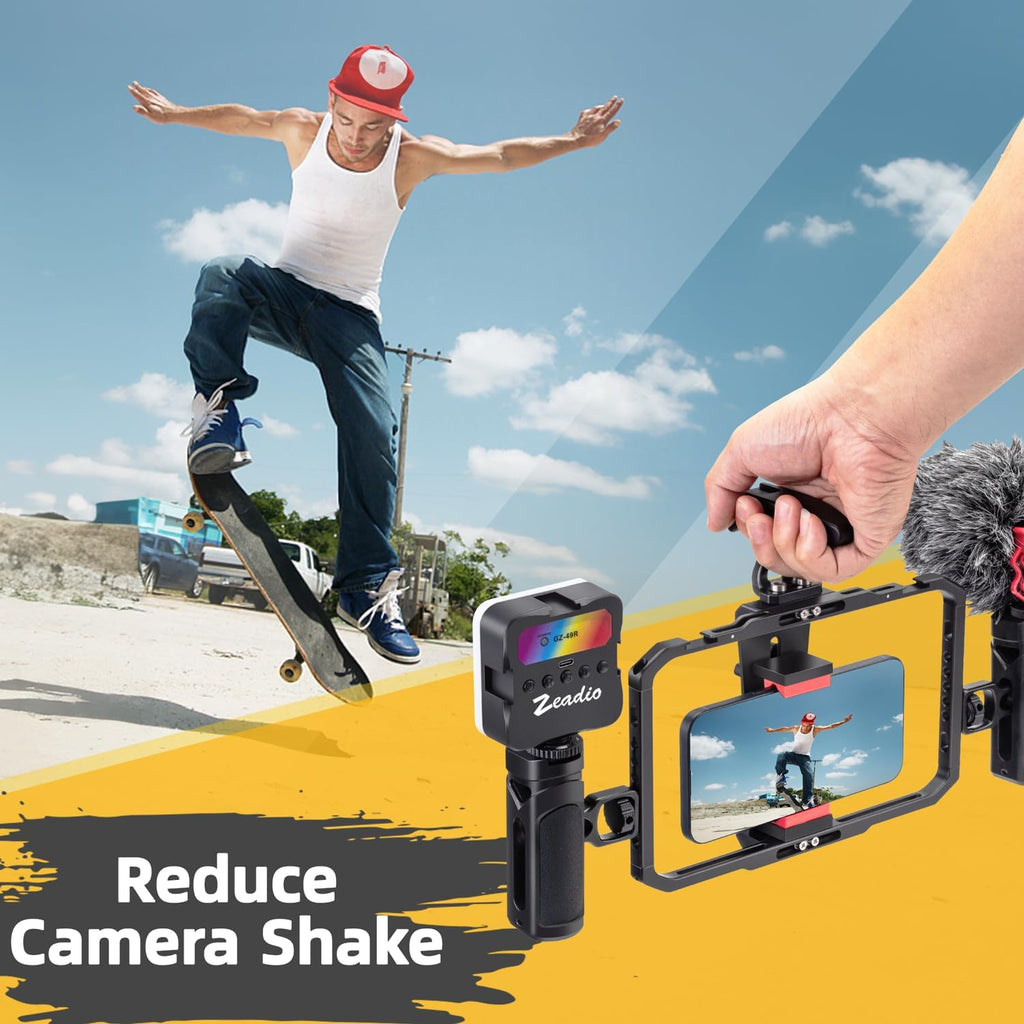 Zeadio All-in-One Phone Video Vlogging Kit, Versatile Video Cage with RGB Light, Mic, Arca Ball Head Tripod, Handheld Stabilizer for YouTube/TikTok/Live Streaming, Compatible with All Smartphones