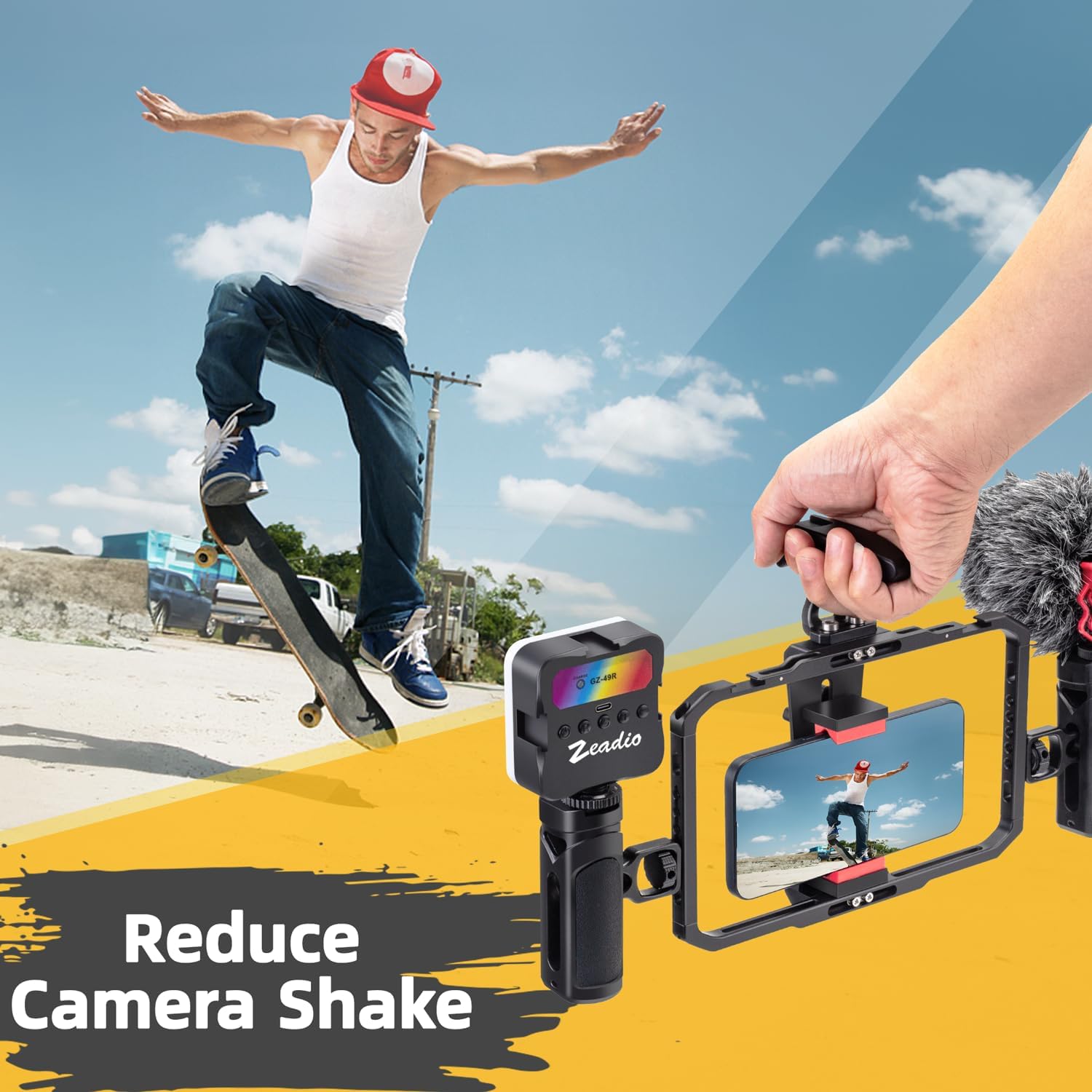 Zeadio All-in-One Phone Video Vlogging Kit, Versatile Video Cage with RGB Light, Mic, Arca Ball Head Tripod, Handheld Stabilizer for YouTube/TikTok/Live Streaming, Compatible with All Smartphones