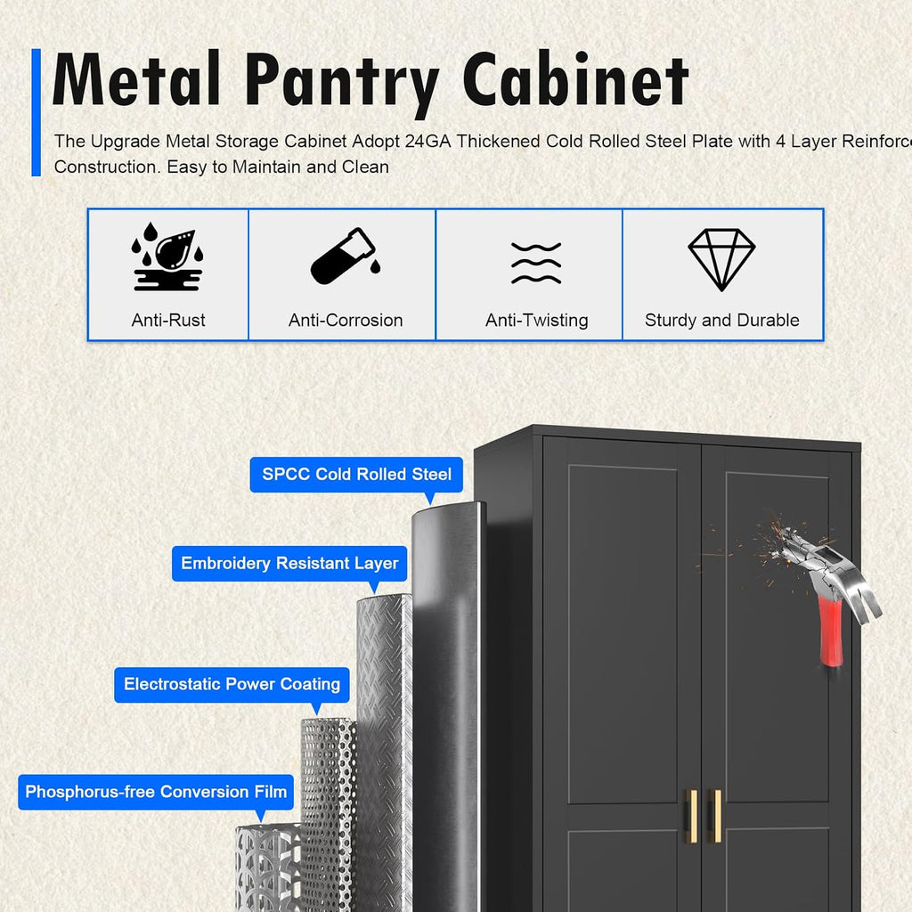 Polup 60 Inch Tall Pantry Cabinet, Metal Kitchen Storage Cabinet with Doors and Shelves, Black Cupboard for Food Storage, Freestanding Cabinet for Living Room, Dining Room - Assembly Required