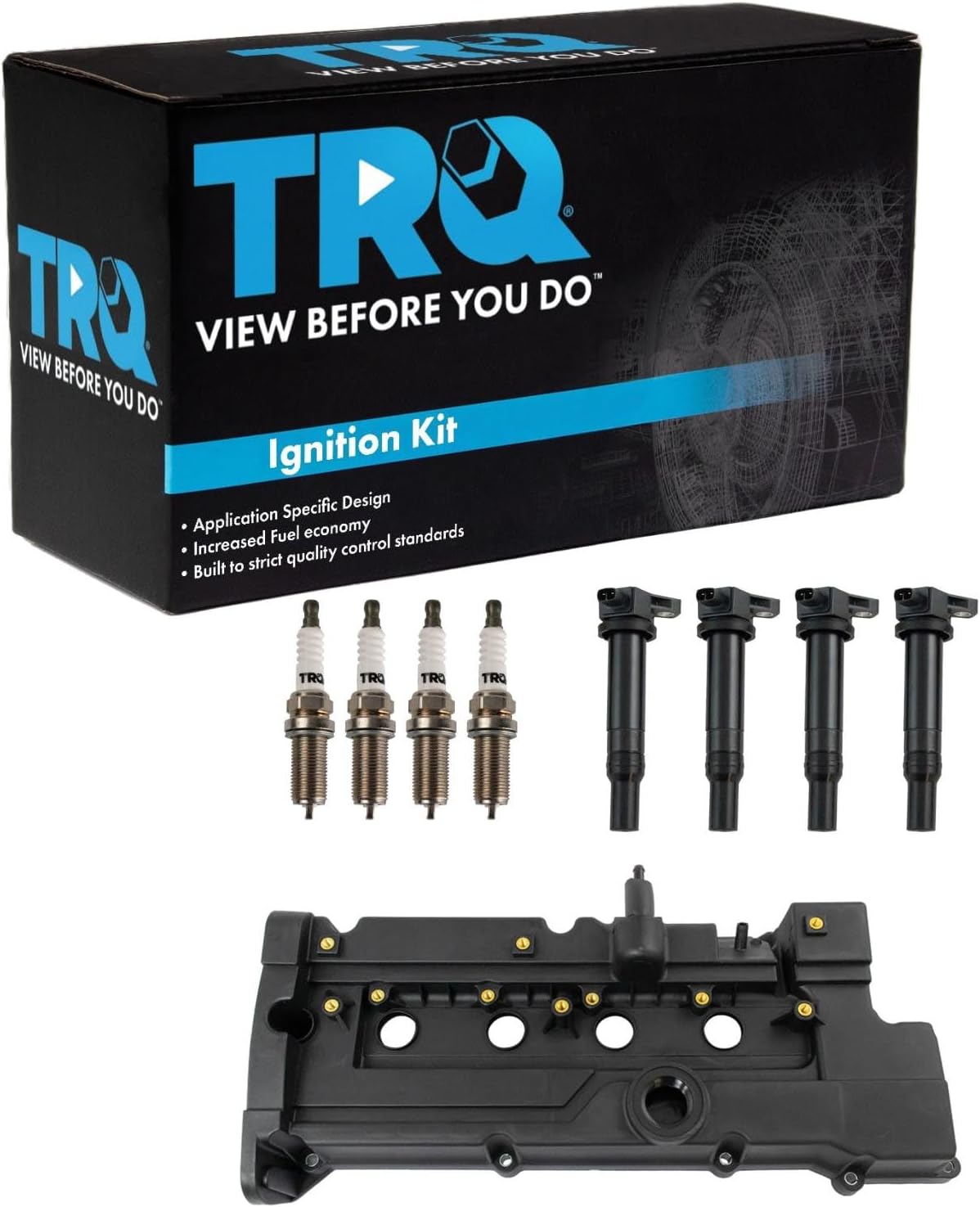 TRQ Ignition Coil and Spark Plug Kit 4 Piece Iridium Spark Plugs Compatible with 2007-2011 Hyundai Accent 2009-2011 Kia Rio 2009-2011 Rio5