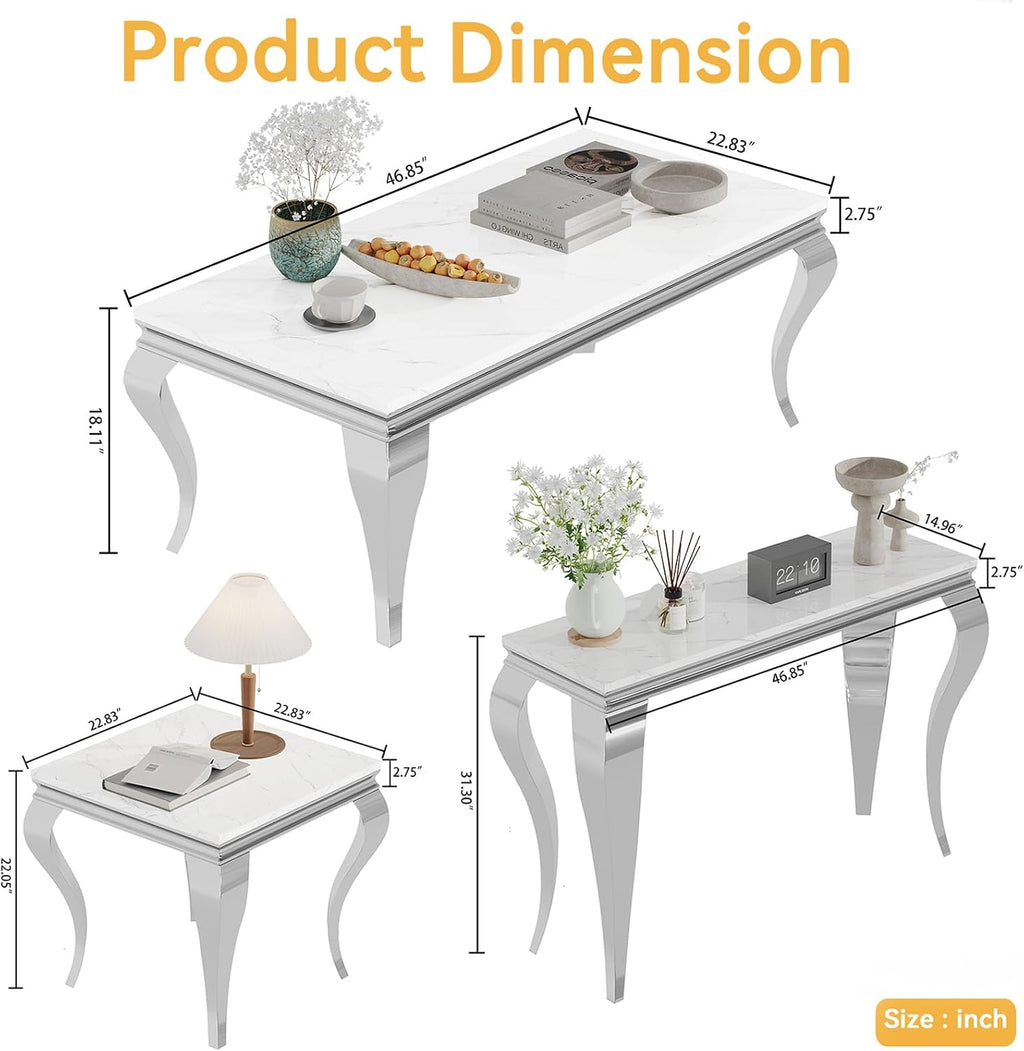 White Marble Coffee Table Set of 2, Modern Faux Marble Coffeee Table and End Side Table, Luxury 2 Piece Living Room Table Set with Silver Stainless Steel S-Shape Legs for Apartment Home Office