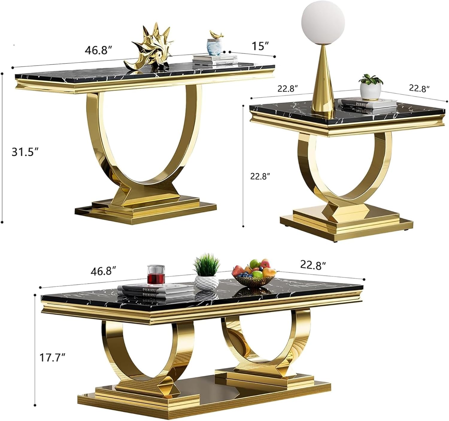 Henf 3 Piece Living Room Table Set, Faux Marble Coffee Table & Console Table & End Table, Luxury Black Gold Coffee Table Set of 3 with Mirrored Stainless Steel Base for Living Room Apartment