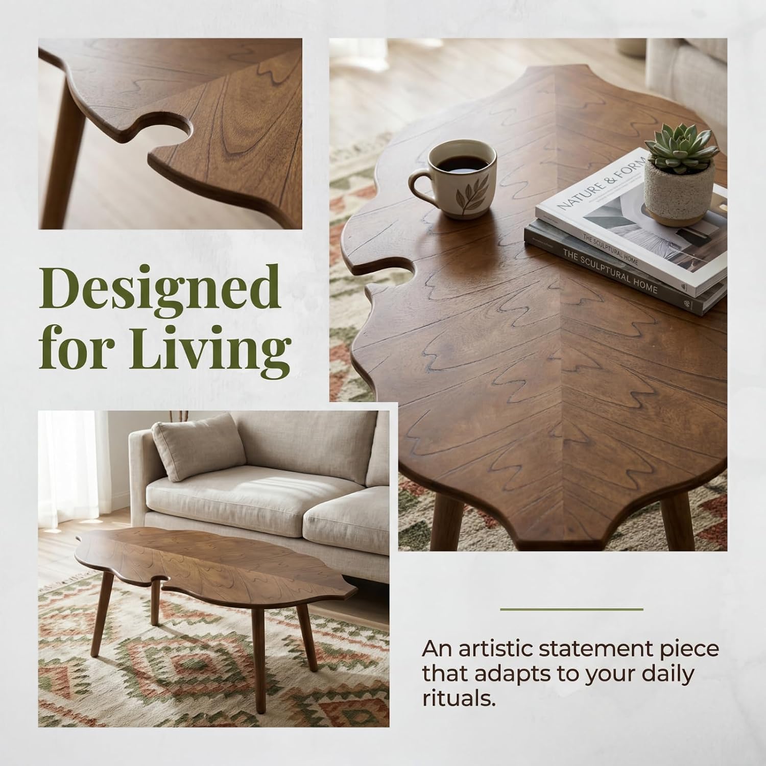 HNY Modern Coffee Table for Living Room, Brown Wood Coffee Table Farmhouse Center Table Vivid Leaf Table End Table with Rustic Grain Side Table with Wood Leg for Bedroom Office Cafe Small Space