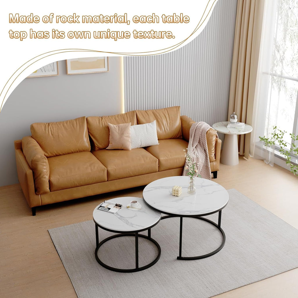 Round Nesting Coffee Table, White Modern Decorative Coffee Center Table Set of 2,Round Sintered Stone 24'' Coffee Table for Living Room with Sturdy Metal Frame.