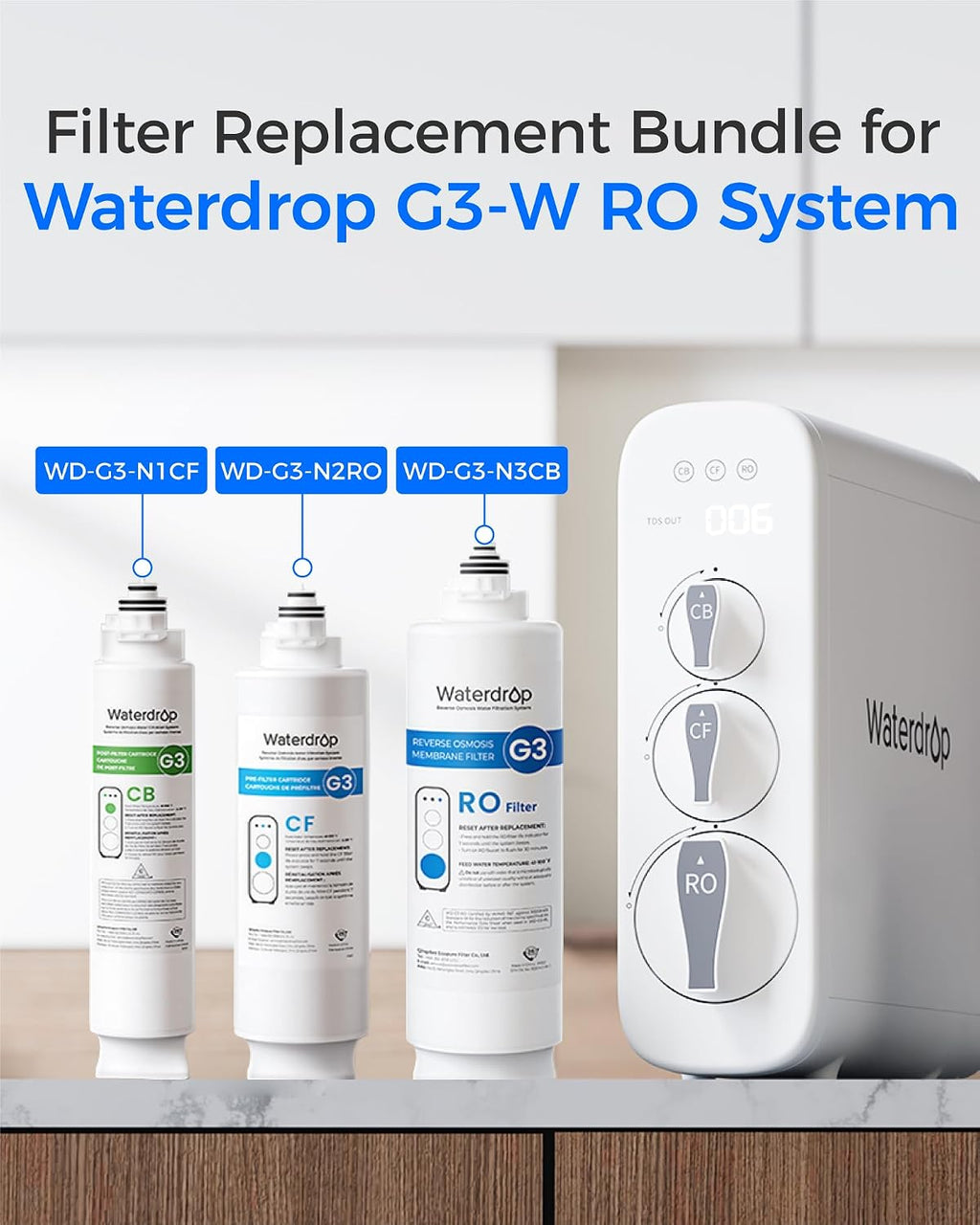 Waterdrop G3-CFCBRO Filter, Replacement for Waterdrop G3-W 400 GPD Reverse Osmosis System, Pack of 1 G3-N1CF, 1 G3-N3CB, and 1 G3-N2RO Set Filter