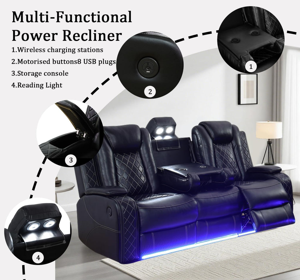 Power Leather Recliner Sofa with LED Lights, Power Reclining Couch,Leather Sofa with Coffee Table/Arm Storage for Living Room/Home Theater(Black,3 Seater)