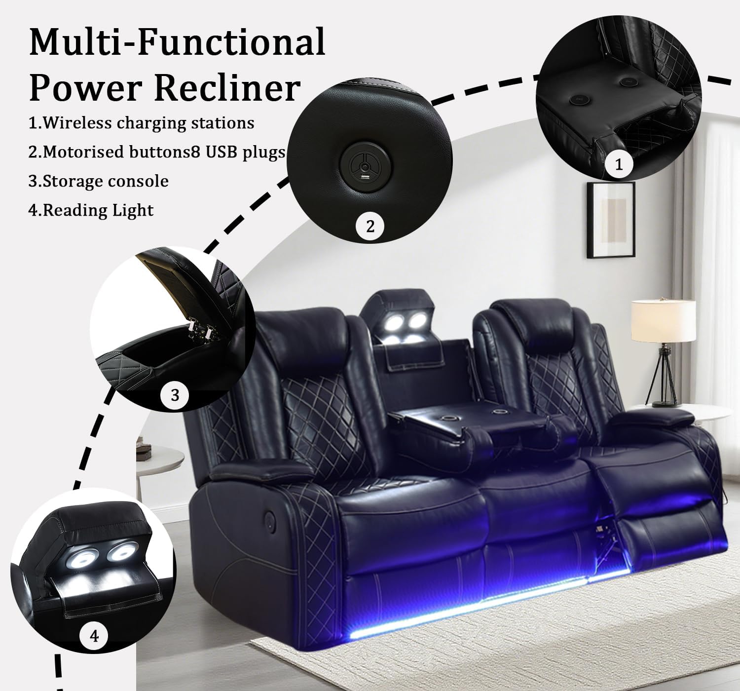 Power Leather Recliner Sofa with LED Lights, Power Reclining Couch,Leather Sofa with Coffee Table/Arm Storage for Living Room/Home Theater(Black,3 Seater)
