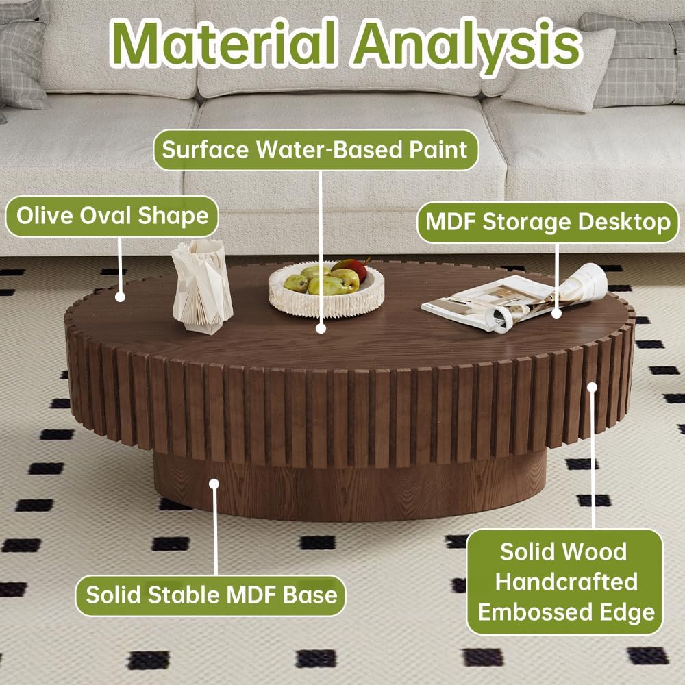 Oval Fluted Coffee Table Drum Coffee Tables for Living Room Modern Pedestal Center Table (Oval Brown 43.3in)