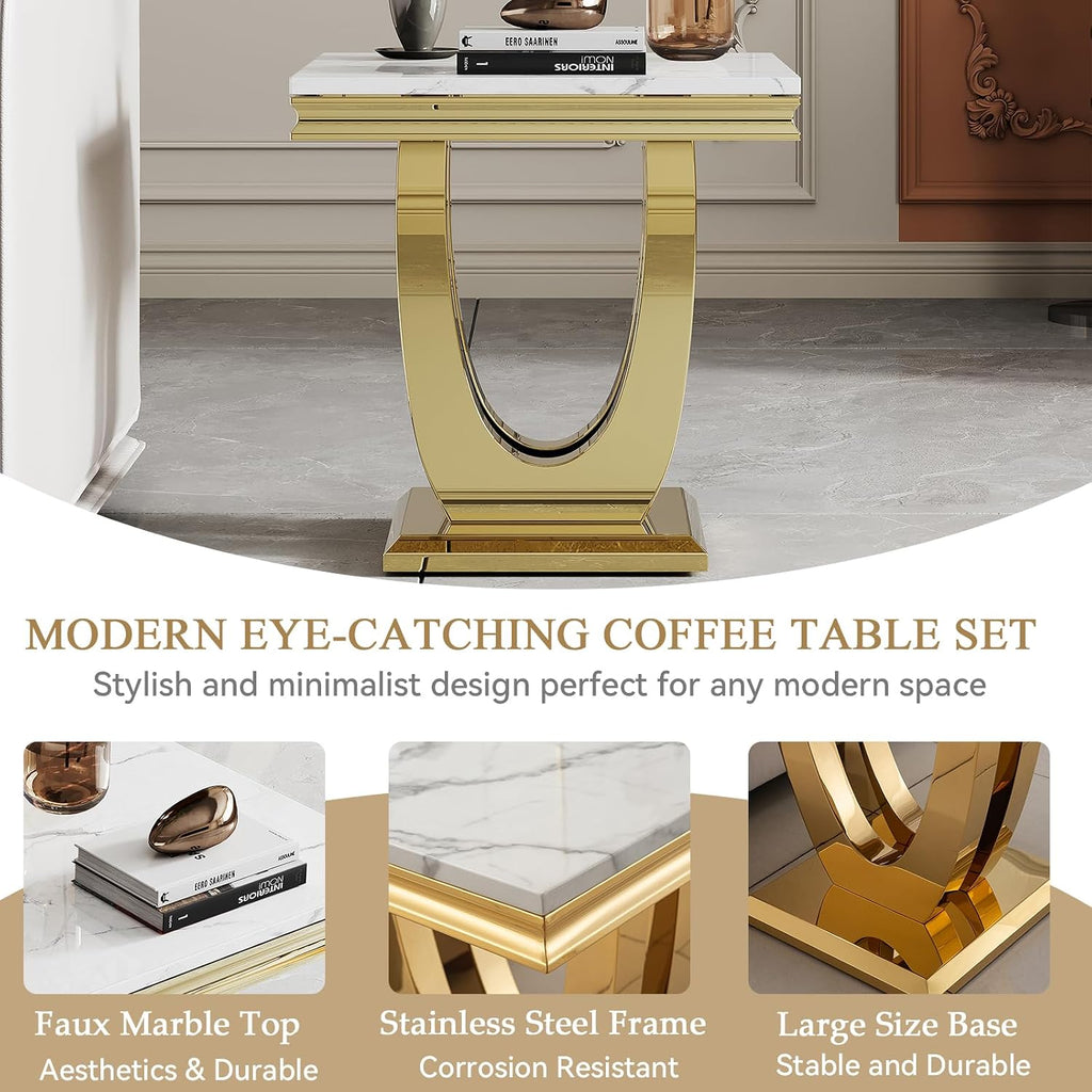 Modern Marble End Table,22' Suqare Side Table with Gold U-Shape Stainless Steel Base,Luxury White Faux Marble End Table Nightstand Pedestal Stand Lamp Table for Hallway, Living Room, Bedroom