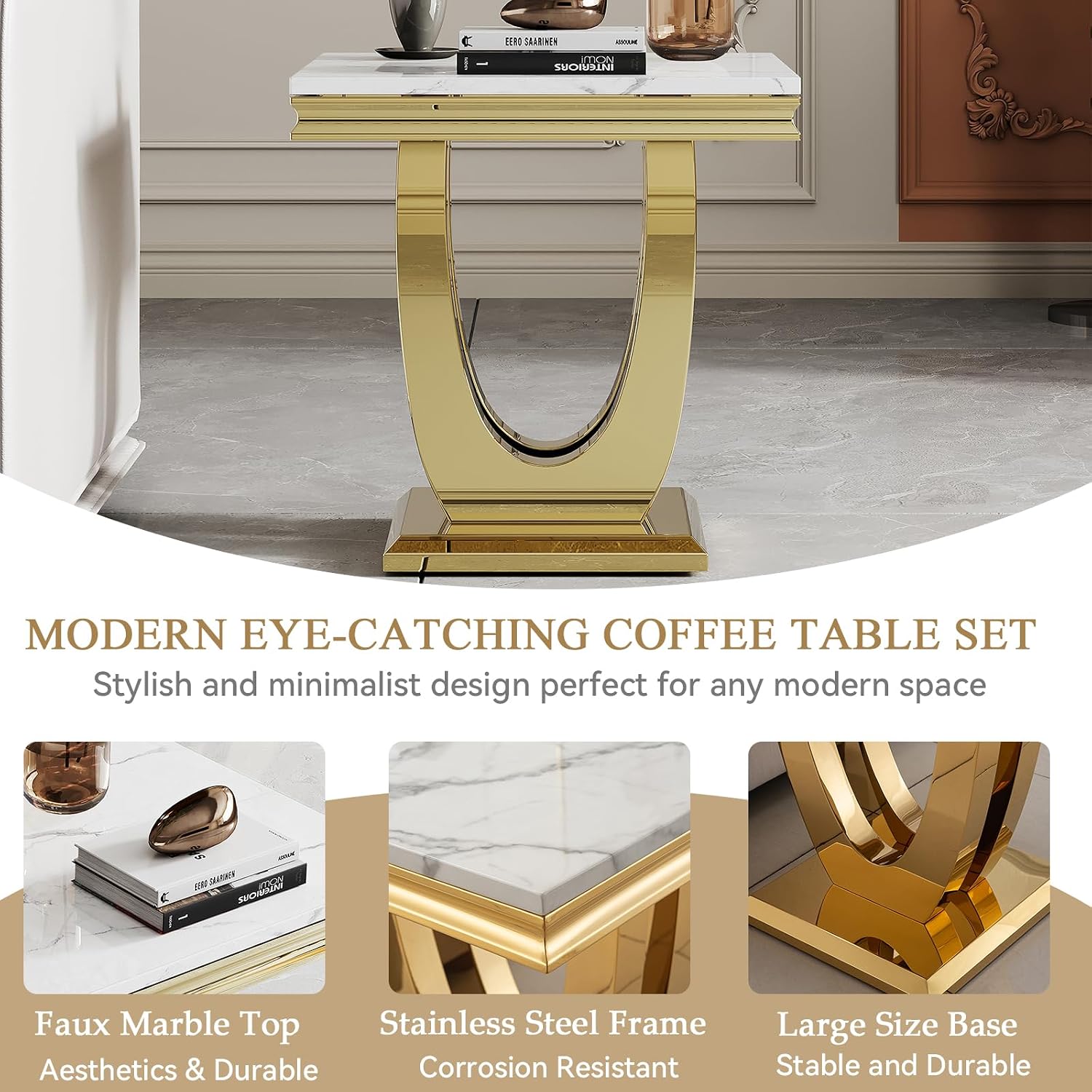 Modern Marble End Table,22' Suqare Side Table with Gold U-Shape Stainless Steel Base,Luxury White Faux Marble End Table Nightstand Pedestal Stand Lamp Table for Hallway, Living Room, Bedroom