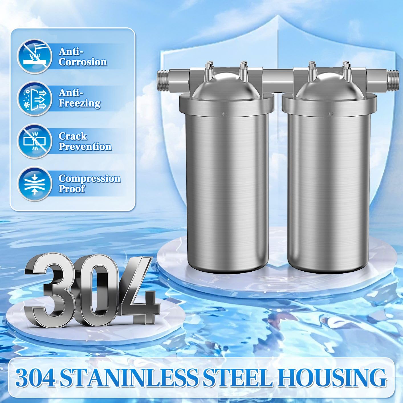 Whole House Water Filter, Stainless Steel Filter Housing, 2-Stage 10'x4.5' Sediment Carbon Filter Pre-Filtration System for Well or City Water, 1' or 3/4' NPT Port, 2 Filters