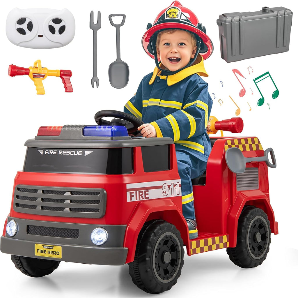 HONEY JOY Ride On Fire Truck, 12V Battery Powered Electric Car for Kids, Water Tank, Loudspeaker, Shovel, Music, Siren & Light, Firetruck Ride On Toy, Ride On Car w/Remote Control (Fire Truck)