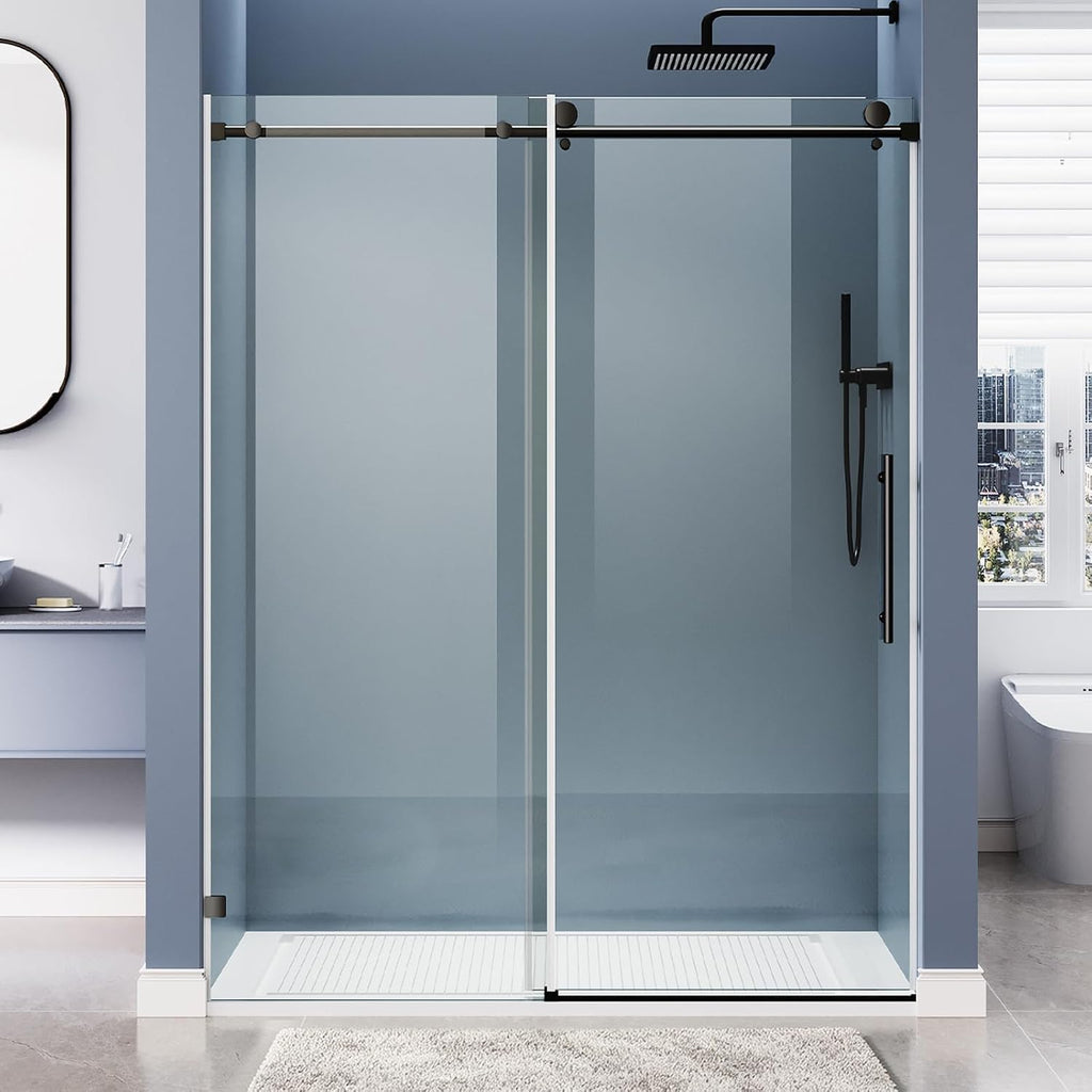 Frameless Shower Door, 44-48' W x 76' H 8mm Single Sliding Shower Door with 5/16' Clear Tempered Glass, Bathroom Glass Door for Walk-in Shower, Black