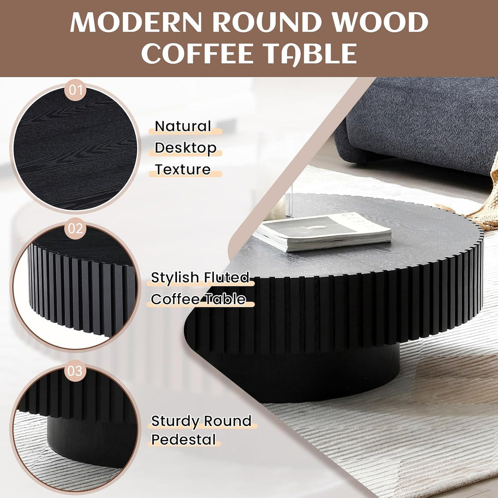 31.49' Round Coffee Table Wood, Modern Unique Circle Coffee Table, Contemporary Oak Drum Fluted Accent Side Table Center for Living Room, Small Space, Apartment, Black