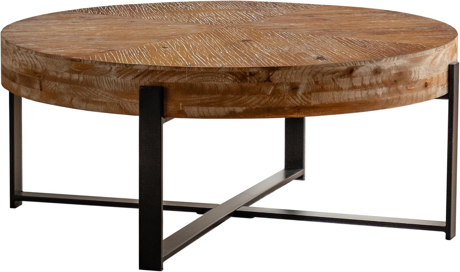 Setawix Farmhouse Round Coffee Table for Living Room, 31.29' Small Side End Table, Wood Retro Splicing Coffee Table, Modern Accent Coffee Table Entry Way Table with Black Metal Cross Leg