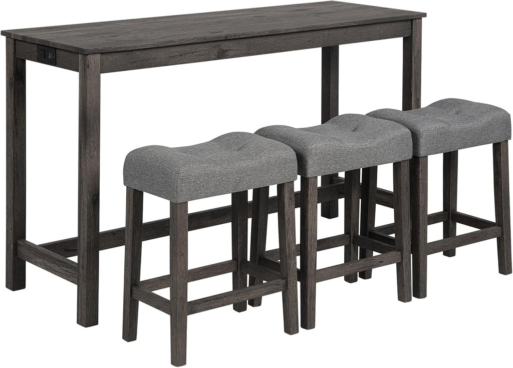 Merax 4 Piece Dining Bar Table Set with Power Outlet,Behind Sofa Couch Table with 3 Linen Fabric Padded Saddle Seat Stools,for Living Room,Dining Room,Dark Gray
