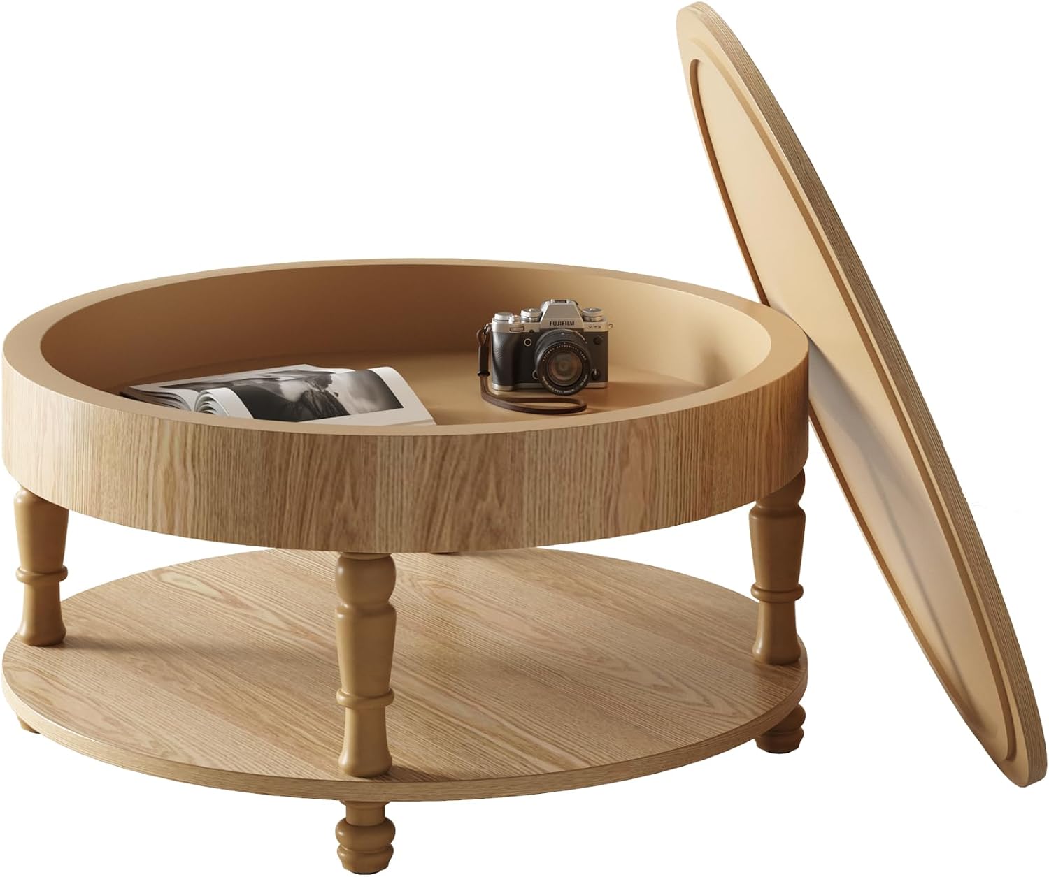 31.5'' Round Coffee Table with Storage Space, 2-Tier Modern Rustic Wood Circle Coffee Table for Living Room, Moveable Table Top & Easy Assembly, Natural