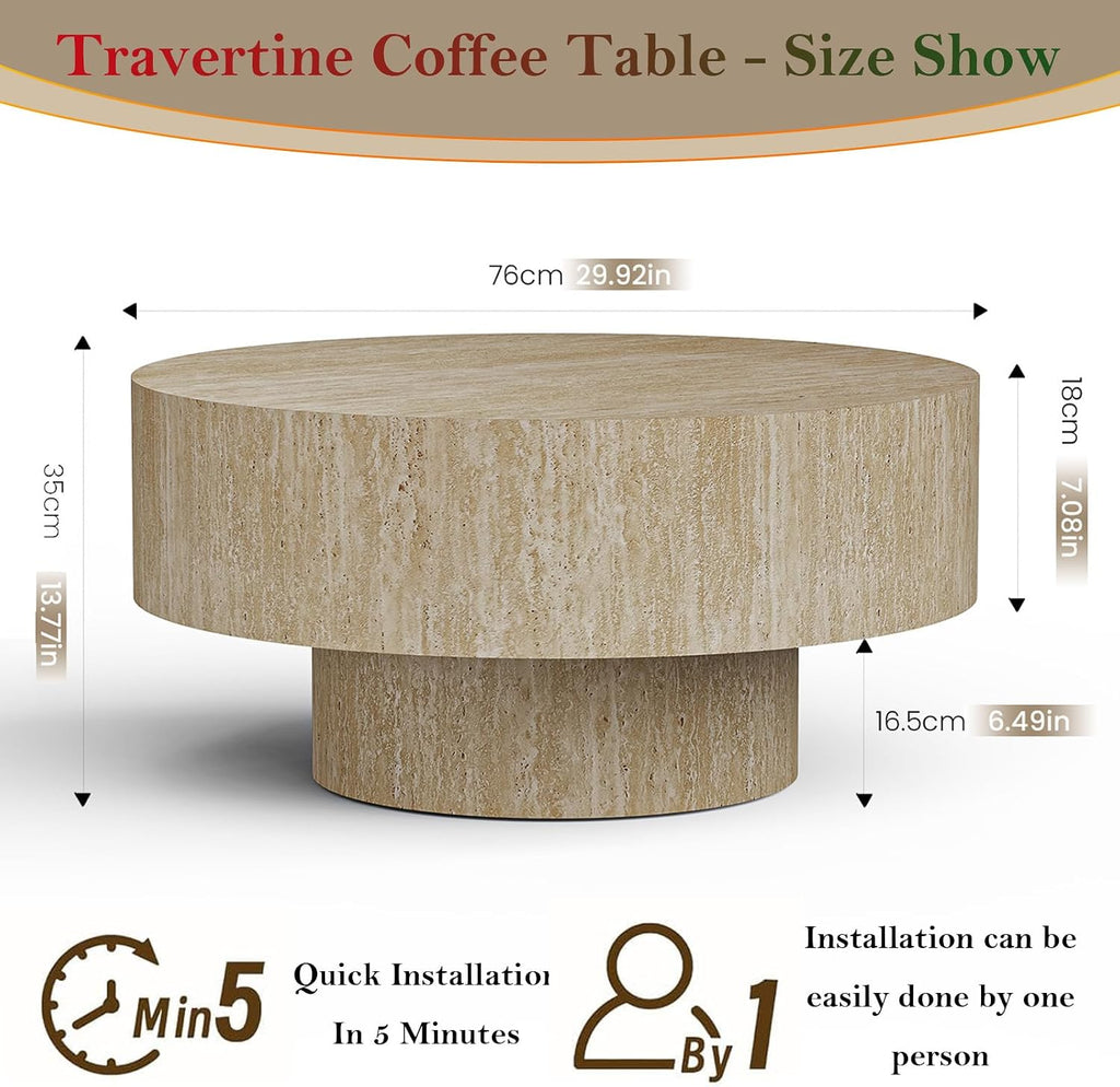 29.92' Travertine Round Coffee Table Modern Circle Low Center Tables - Chic Travertine Grain Veneer for Living Room Farmhouse Apartment Study Office (Travertine Round 29.92in)