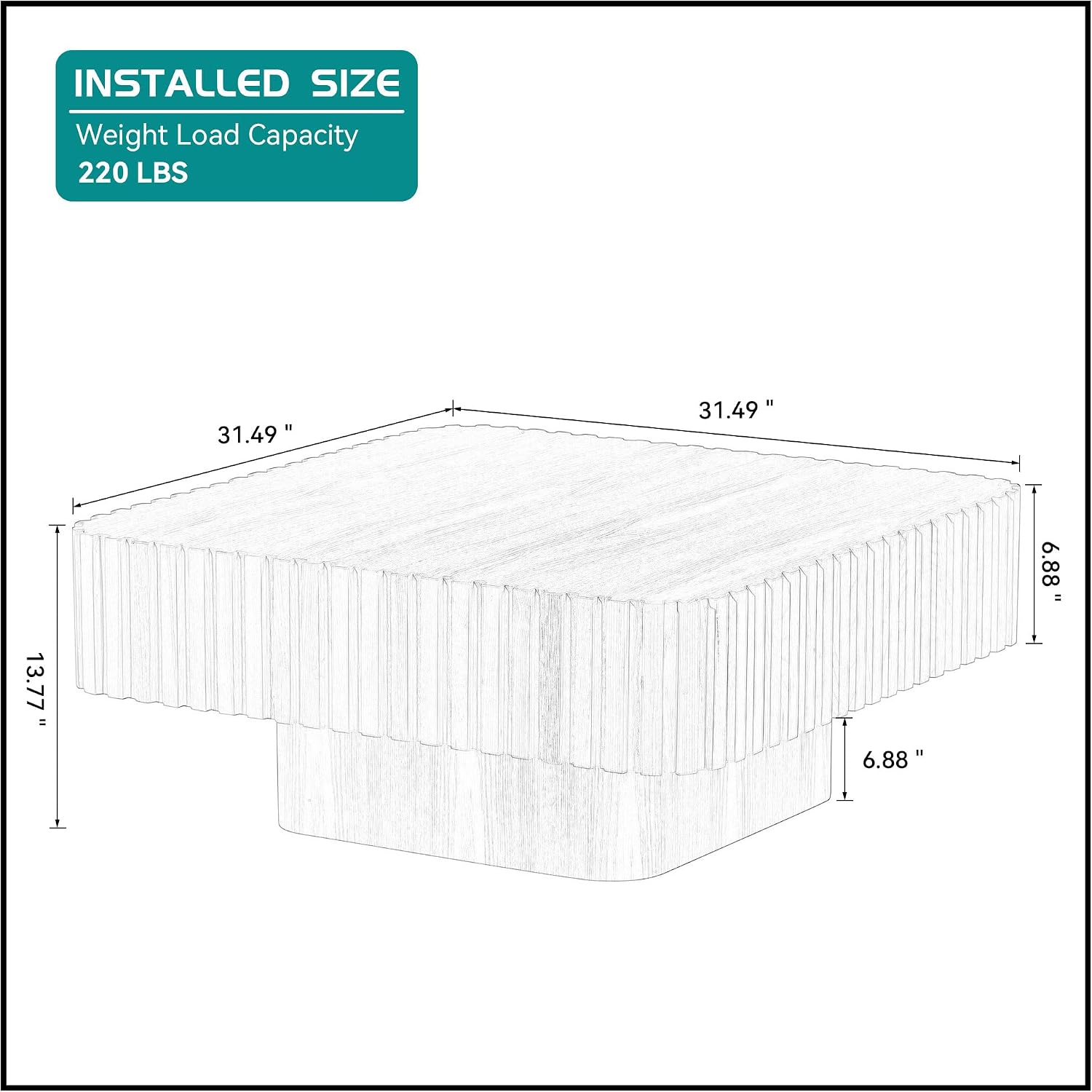 31.49'' Square Coffee Table for Living Room, Modern Wood Drum Pedestal Flute Embossment Coffee Table, Easy Assembly, Oak