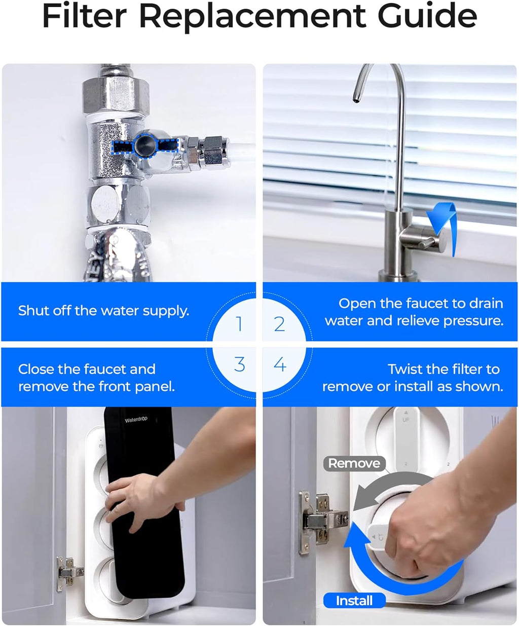 Waterdrop TSU Under Sink Water Filter Replacement, 1-Year Replacement Pack, 4-Pack (2 x TSPP, 1 x TSUF, 1 x TSCT), for Waterdrop TSU & TSU-WB Ultra-Filtration Under Sink Water Filtration System