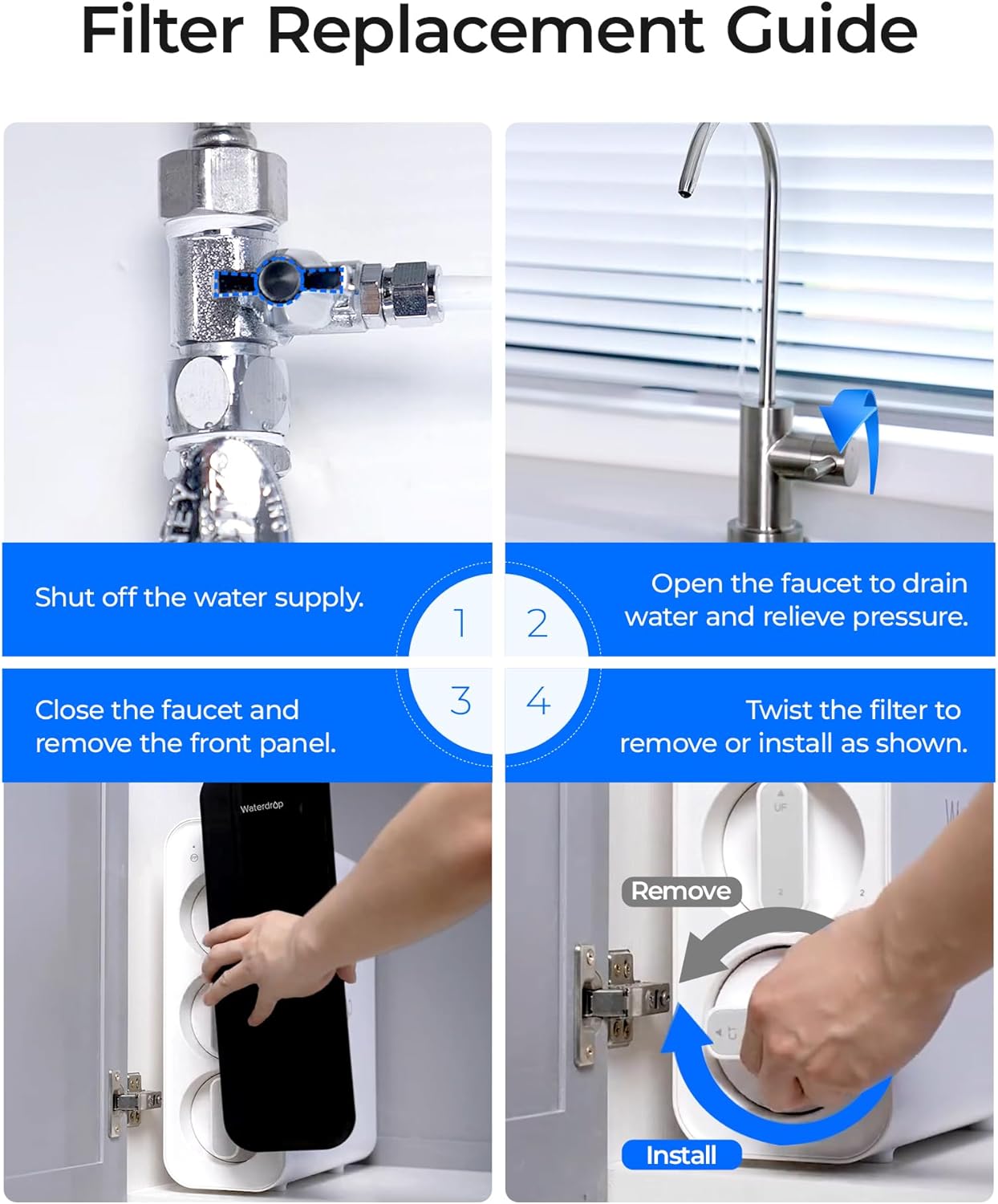 Waterdrop TSU Under Sink Water Filter Replacement, 1-Year Replacement Pack, 4-Pack (2 x TSPP, 1 x TSUF, 1 x TSCT), for Waterdrop TSU & TSU-WB Ultra-Filtration Under Sink Water Filtration System