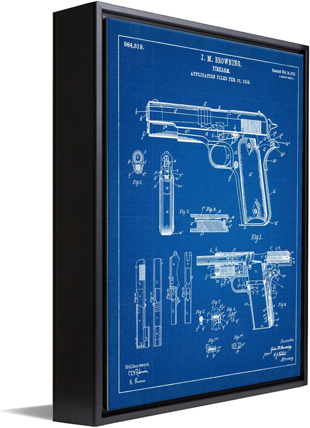 Personal-Prints Firearm Patent Art | Vintage Wall Art, Office, Bedroom Decor | 2nd Amendment & Choice of Unique Gun Art Gifts | USA Made (2 Piece Set, Blueprint, 20'x24' Float Framed Canvas)