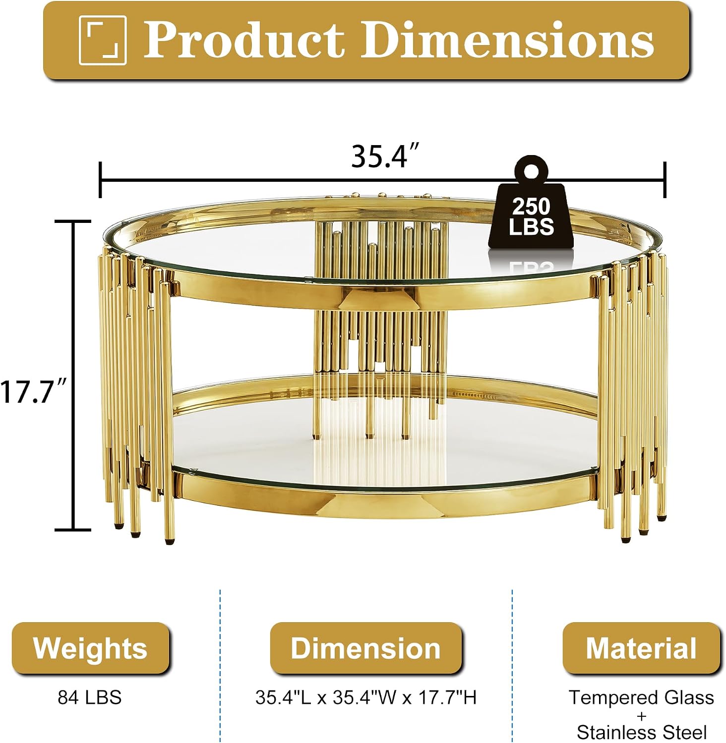 Round Glass Coffee Table Modern Living Room Table, 35.43' Gold Stainless Steel Leg Clear Tempered Glass, Circle Sofa Center Table Furniture for Home Apartment Office, Gold