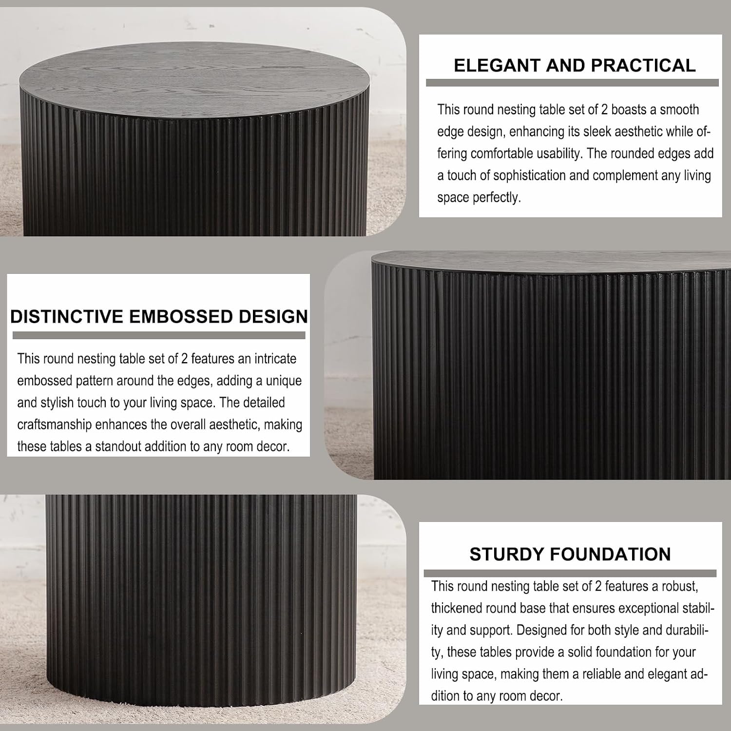 Nesting Coffee Table Set of 2 Wood Circle Drum Coffee Tables Set Contemporary Fluted Coffee Table Round Wooden Coffee Tables for Living Room & Small Space (Black, 18.9 +14.9in)