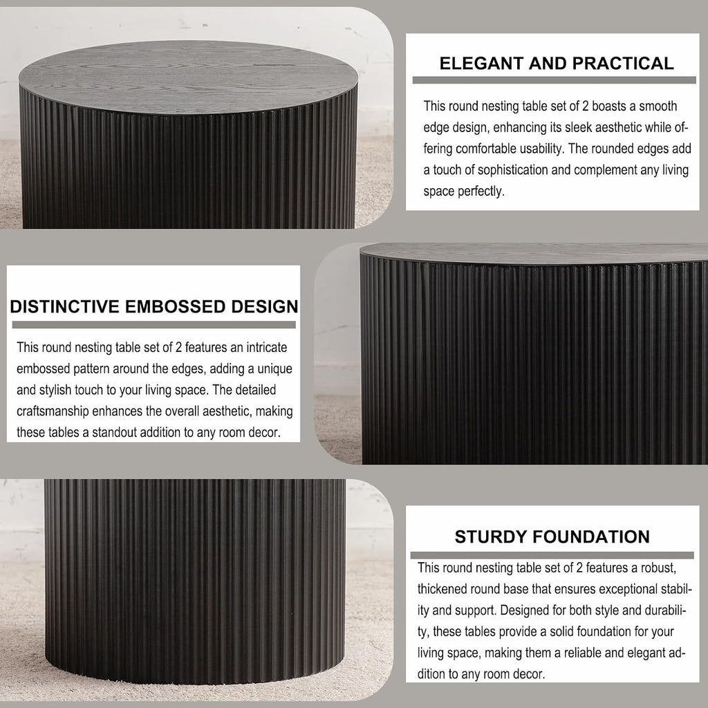 Nesting Coffee Table Set of 2 Wood Circle Drum Coffee Tables Set Contemporary Fluted Coffee Table Round Wooden Coffee Tables for Living Room & Small Space (Black, 27.5 +19.6in)