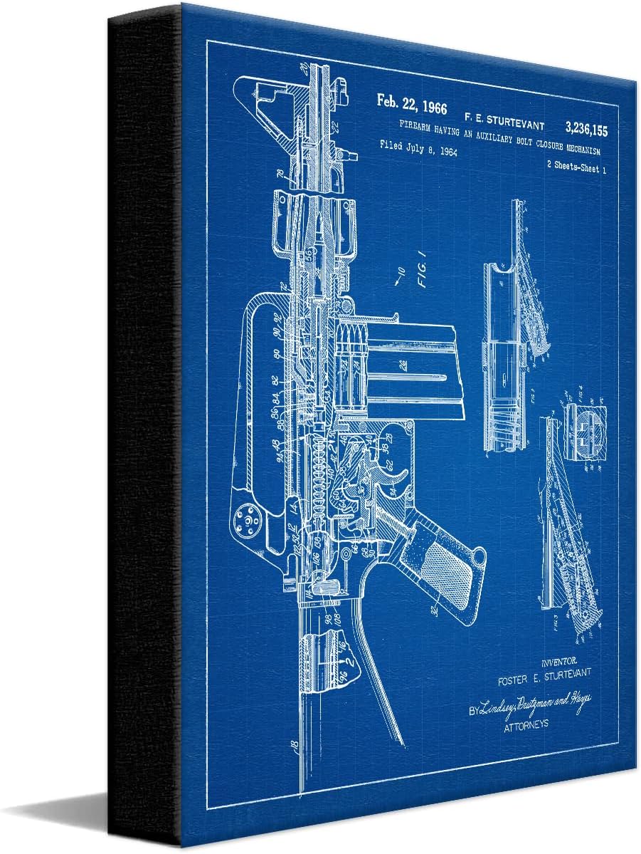 Personal-Prints Firearm Patent Art | Vintage Wall Art, Office, Bedroom Decor | 2nd Amendment & Choice of Unique Gun Art Gifts | USA Made (2 Piece Set, Blueprint, 16'x20' Stretched Canvas)