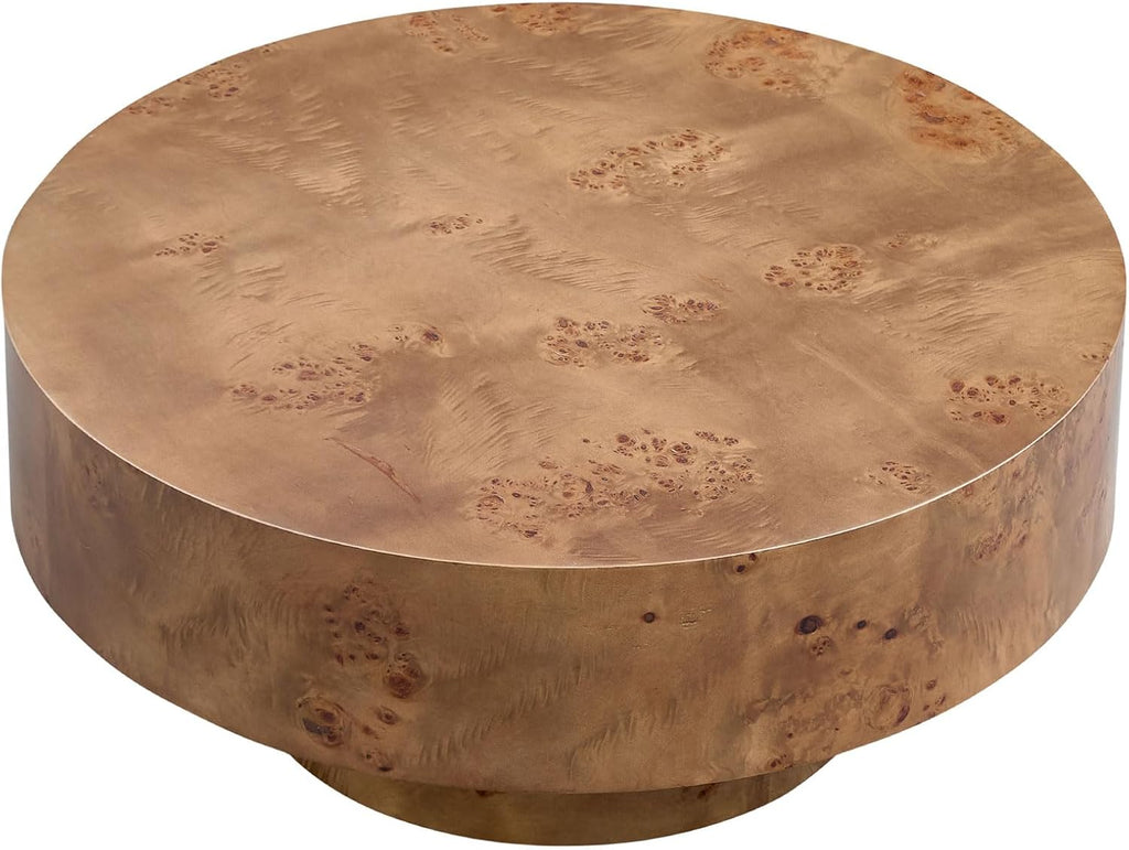 31.49'' Round Coffee Table Modern Wood Coffee Table for Living Room, Contemporary Circle Drum Pedestal Style, Burl Wood Veneer, Easy Assembly, Walnut
