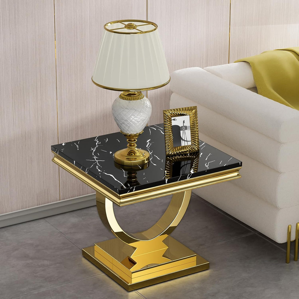 Modern Marble End Table, 22.8' Square Black Side Tables with Gold Stainless Steel O-Shaped Base, Faux Marble End Table Nightstand Bedside Tables for Living Room Bedroom Office