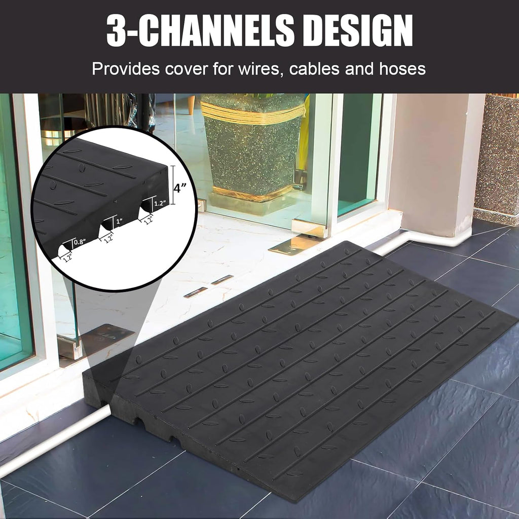 Towallmark Rubber Threshold Ramp Doorway, 4'' Rise Wheelchair Threshold Ramp, 2500LBS Capacity No-Slip Driveway Curb Ramps for Wheelchair Mobility Scooter Power Chairs with 3 Channels Cord Cover