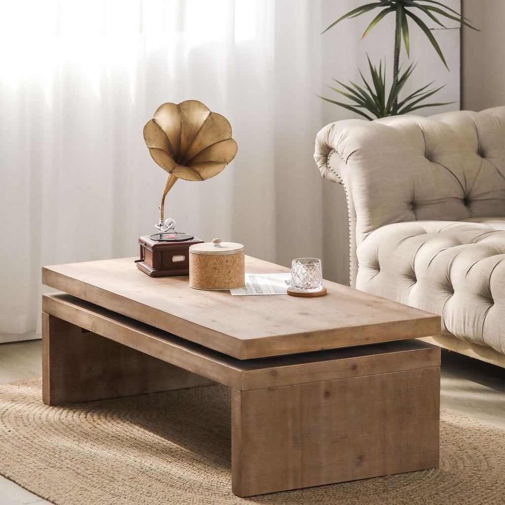 47.6' Wood Coffee Table, Mid Century Modern Farmhouse Wooden Coffee Tables for Living Room Natural Solid Firwood Tabletop Rectangle Center Table for Apartment Home Office Tea Table (Natural)
