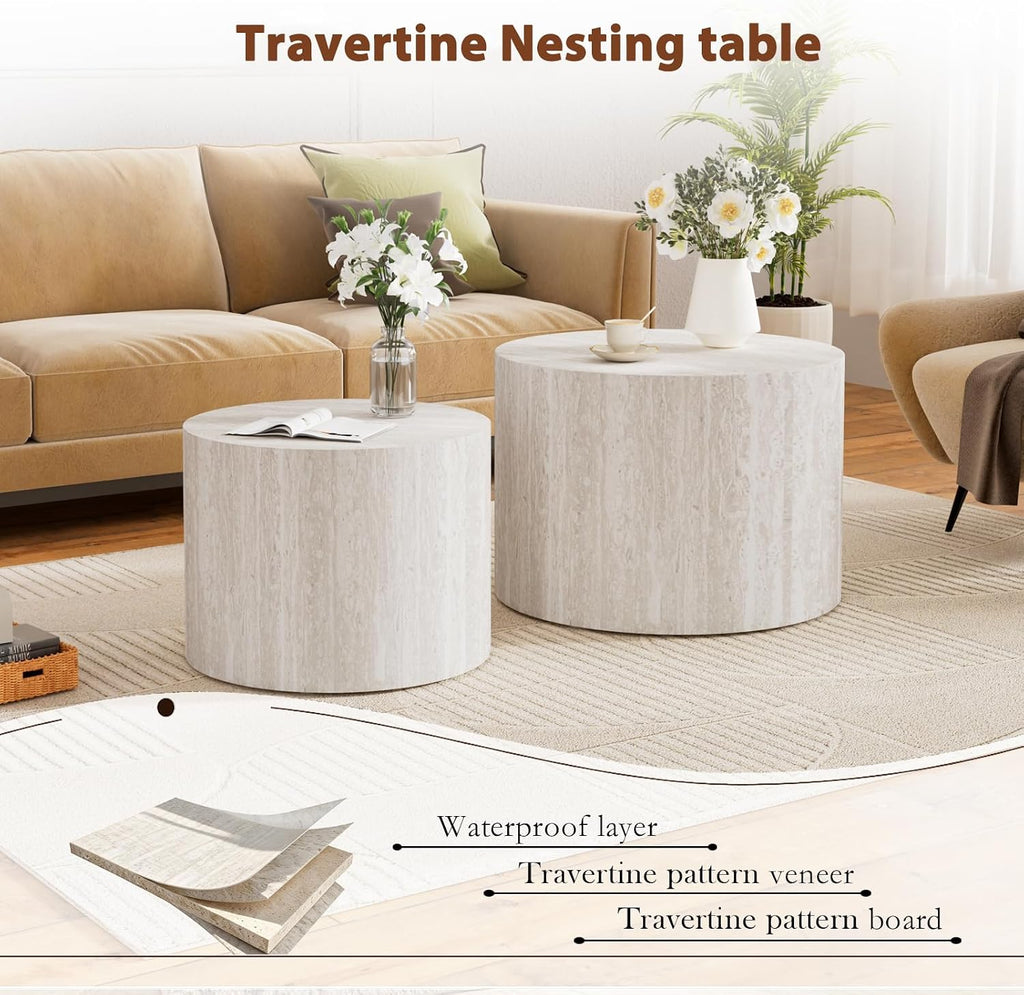 Travertine Round Coffee Table Set of 2, Nesting Coffee Tables and End Table Set Wood Small Circle Drum Side Table for Living Room, Apartment, Office, No Assembly (Travertine)