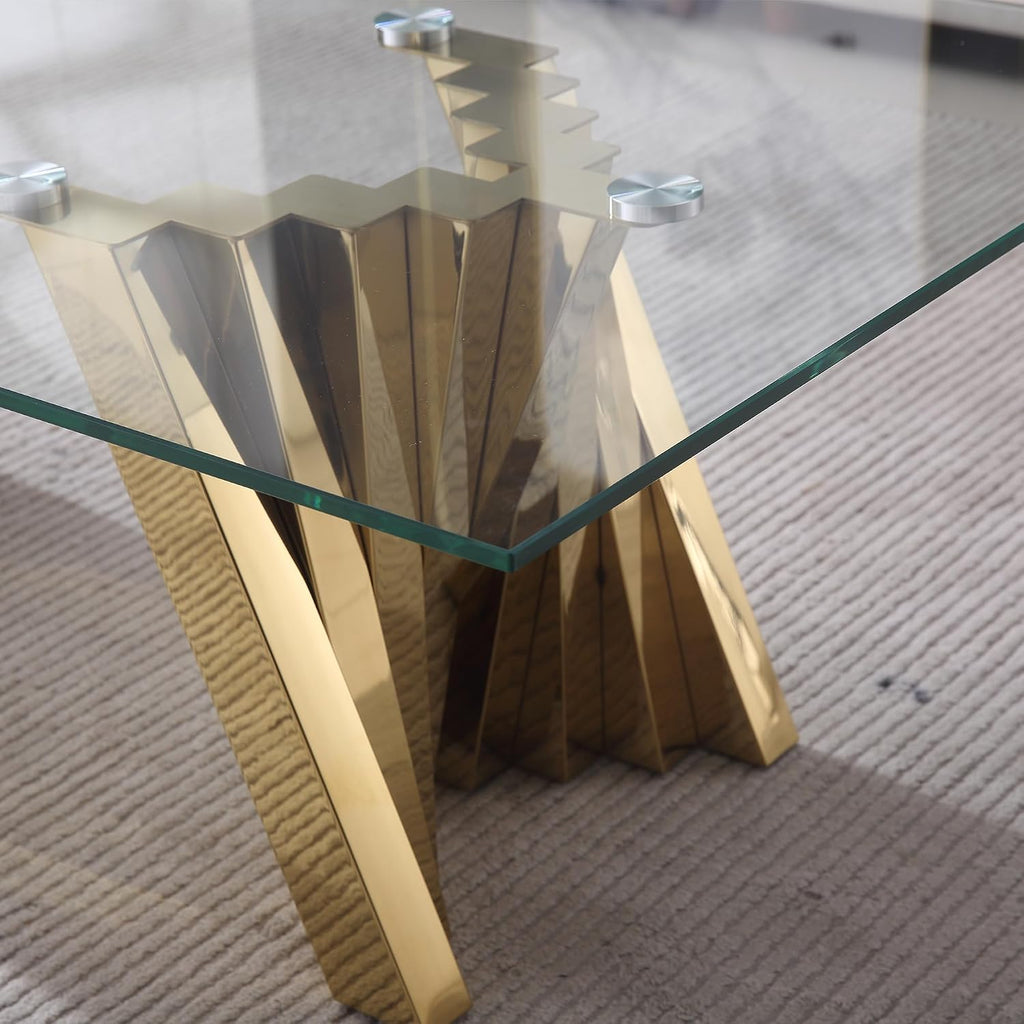 Henf Gold Glass Coffee Table with Mirrored Stainless Steel Base, 51' Rectangle Modern Living Room Cocktail Table for Home Office