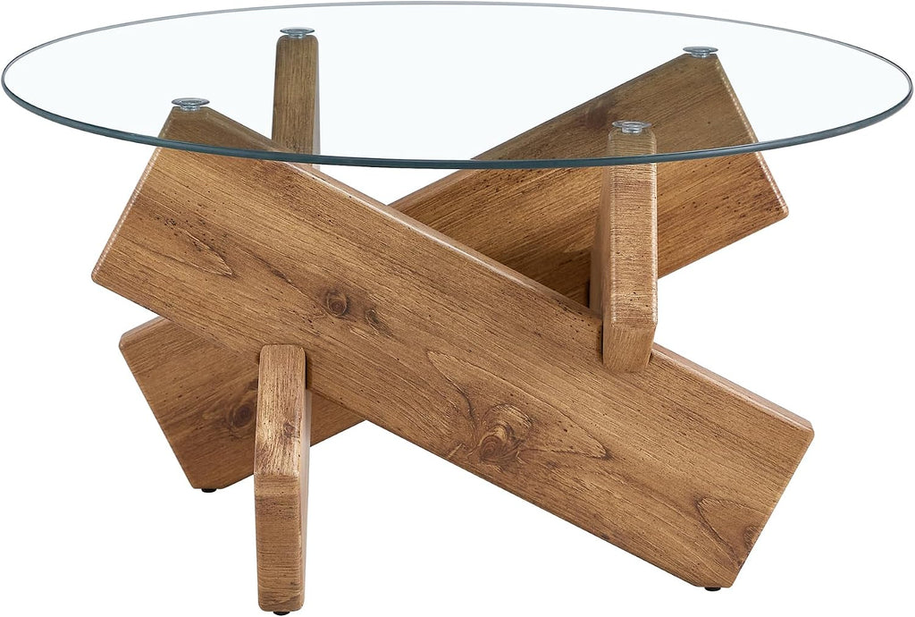 33.4'' Tempered Glass Round Coffee Table for Living Room, Modern Circle Coffee Table, Glass Tabletop & Wood Base, Easy Assembly, Natural