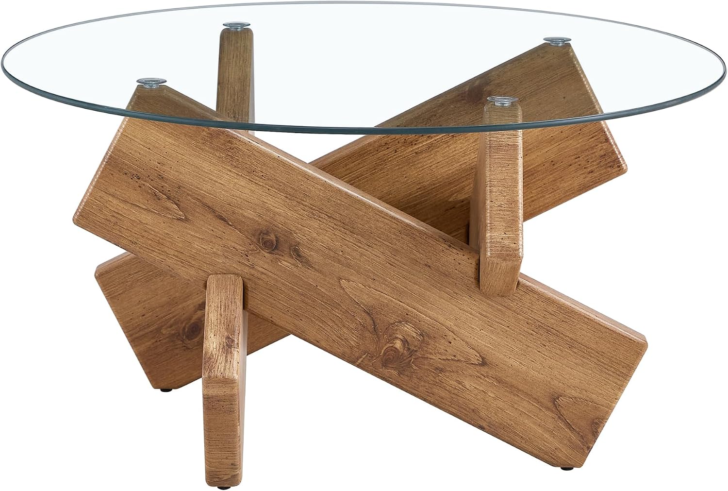 33.4'' Tempered Glass Round Coffee Table for Living Room, Modern Circle Coffee Table, Glass Tabletop & Wood Base, Easy Assembly, Natural